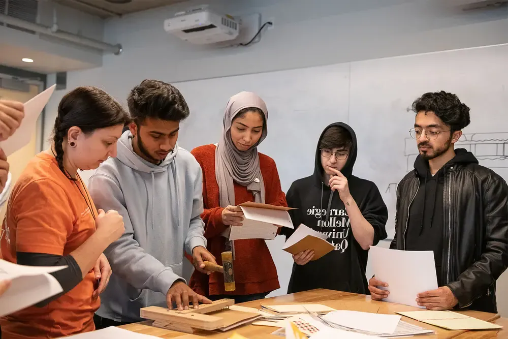 Students gathered around a table, referencing papers and a wooden model.