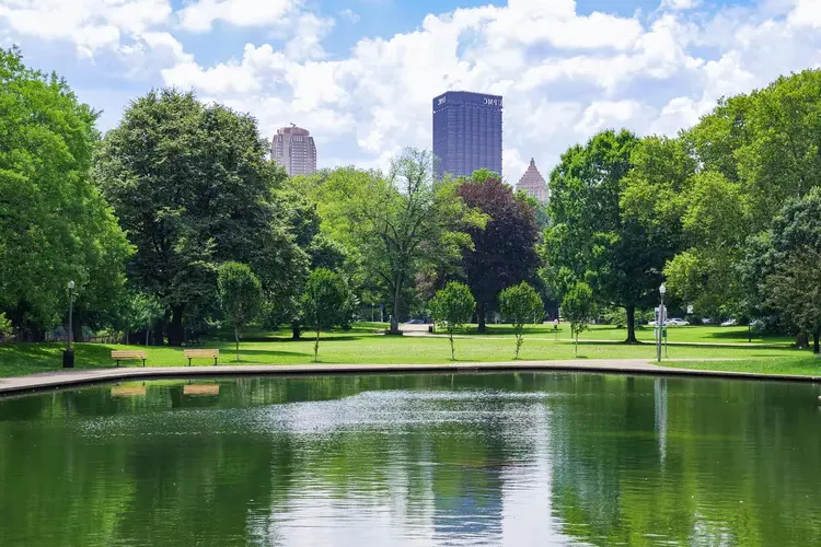 View of downtown Pittsburgh from a park.